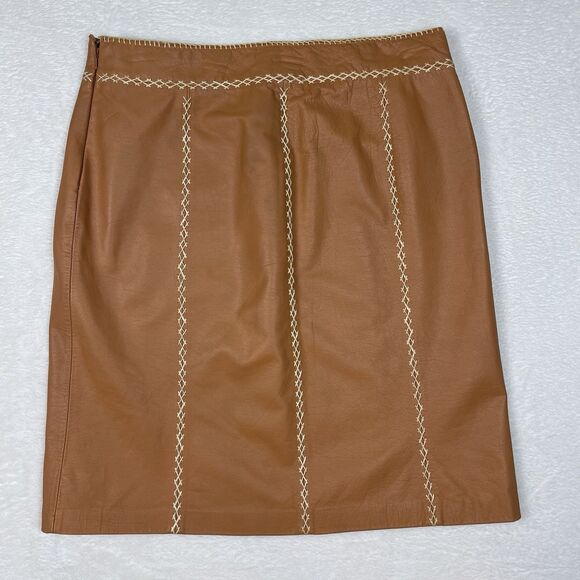 Vintage GAP Khaki Leather Skirt 10 Lined Contrasting Stitch Camel Brown Y2K - Picture 2 of 10
